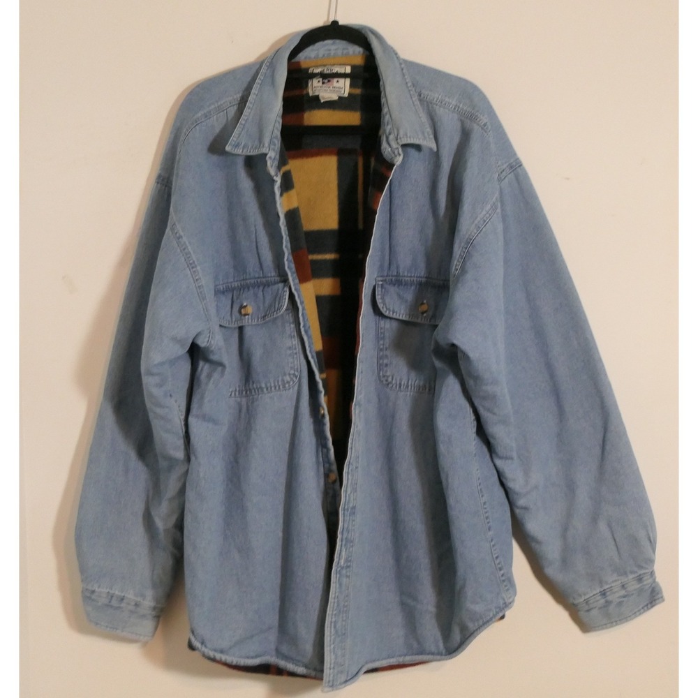 American Blue Mens Denim Shirt Jacket XXL Light Wash Plaid Blanket Lined Shacket